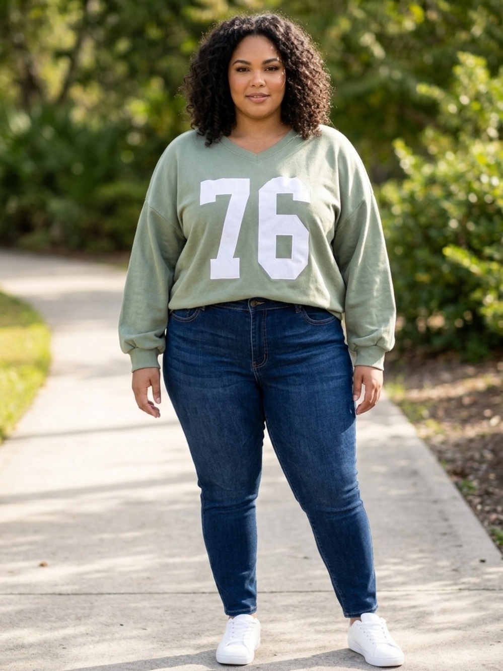 SEVENTH & SUNSET Olive Green Crewneck Sweatshirt with White '76' Applique.